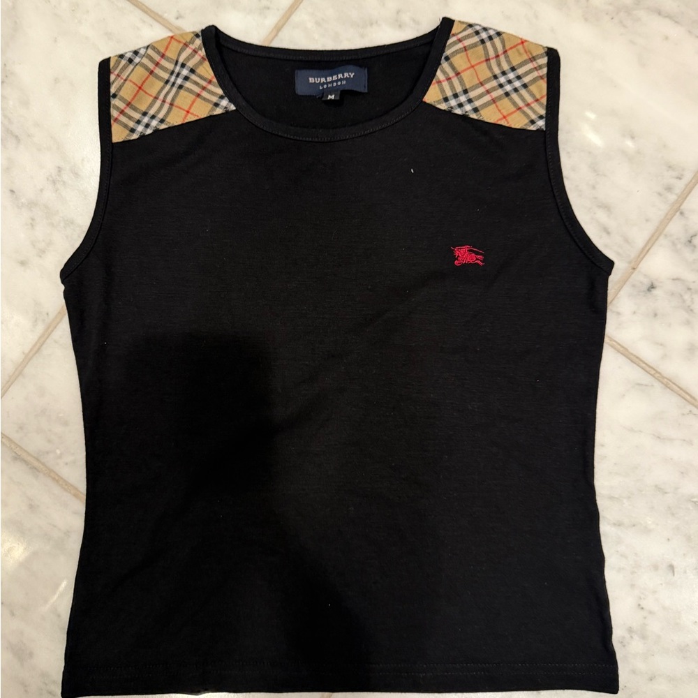 Burberry Black Top with Plaid Shoulder Detail